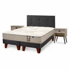 FLEX - Cama Europea Dual Sensity 2 plazas Box B/D+ Respaldo Royal Negro y veladores Rock