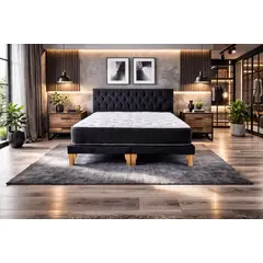 GENERICO - Cama 2 Plazas con Colchón Bonell + Box Tapizado + Respaldo Capitone de Felpa Negro