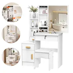 UENMI - Tocador Con Espejo Movible Estantes Múltiples Blanco Moderno