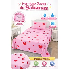 GENERICO - Juego de Sabanas 1.5 Plazas. 3 Piezas. Color Rosado Corazones