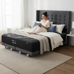 BLOCCARE - Cama Super King Box 8cm -L200 cm + Colchon Black Prime - Modelo Uno +Respaldo/ Con Rueda Pyton(Gris)