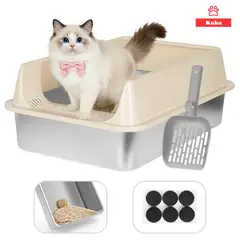KOBA - Arenero Gatos Grande Baño Sanitario Acero Inoxidable Con Pala Café