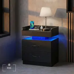 ROHE - Velador Con Luz Variable Con 2 Cajones 45×35×52 cm Negro