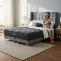 BLOCCARE - Cama Super King Box 13cm - L200cm+Colchon Black Prime - Modelo Uno + RespaldoCon Rueda DeluxeGris