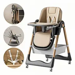 IDEEHOUSE - Silla De Comer Reclinable Plegable Baby Con Rueda Marrón Claro