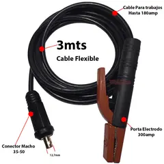 GENERICO - Porta Electrodo 3 Mts Cable Flexible Para Soldar Macho 35-50