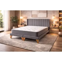 GENERICO - Cama Europea 2 Plazas Gris Base dividida Colchón Híbrido Bonell Respaldo Lineal