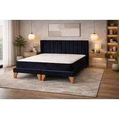 GENERICO - Cama 2 Plazas con Colchón Hibrido Base dividida Respaldo Lineal Felpa Negro