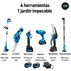 MOVI - Kit Jardinería Profesional 6 en 1 Multifuncional - Orilladora, Motosierra, Sopladora y más