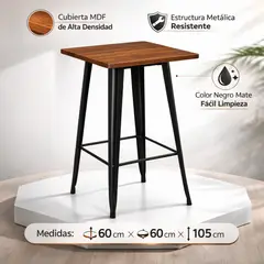 SPACE HOME - Mesa Bar Industrial Negra Con Cubierta Madera 60x60x105 Cm