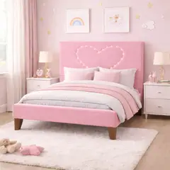 ETHAN DESING - Cama Plaza y Media Corazón Rosado Base + Colchón Mery Design