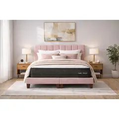 GENERICO - Cama 2 Plazas Completa Rosado En Lino - Base Europea + Colchón Excellense Plus 25CM + Respaldo Tapizado