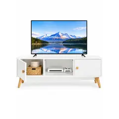 GENERICO - Rack TV Nórdico Blanco 2 Puertas Nicho Abierto Patas Madera para Living Moderno Casa 120x30x38cm