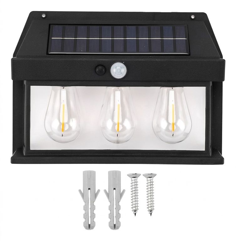 Aplique Lampara Solar Impermeable con Sensor Vintage 3 Led Negro