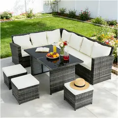 ELEMENT DESIGN - Juego de Comedor de Terraza 9 Personas Riviera - Marrón/Beige