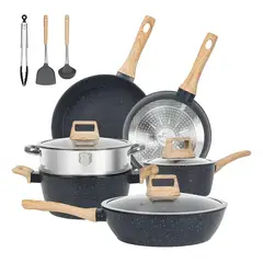 EVERSO - 12 Piezas Bateria De Cocina Granito Antiadherente NEGRO