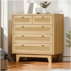 ELEMENT DESIGN - Cómoda Cajonera Bohemio 5 Cajones con Ratán, Mueble Organizador para Dormitorio