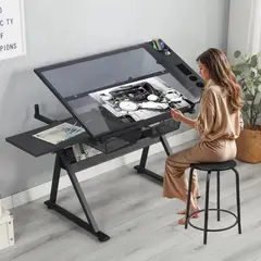 KUANGYE - Mesa de Dibujo Ajustable 78-93cm Tablero de Vidrio Profesional Multifuncional con Taburete