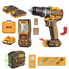 INGCO - TALADRO PER BL +2 BAT Y CARG + MEDIDOR Y NIVEL LASER 20V86NM