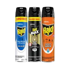 RAID - Pack Insecticida Aerosol Mata Arañas + Mata Moscas Mosquito y Zancudos + Hogar y Jardín