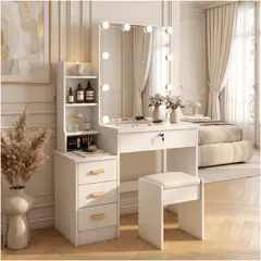 HOMER DESIGN - Tocador Con Luz Hollywood Y Taburete 100x145x40cm Multiusos