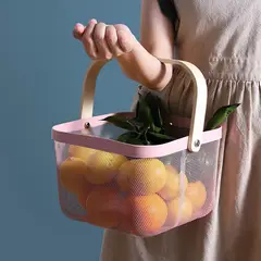 REGALITOLINDO CL - Canasto Organizador con Mango Madera de Bambú - Rosado