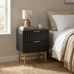 RELAN - Velador Manhattan Estilo Madera Roble Negra 2 Cajones Diseño Acanalado Color Negro y Dorado