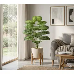 ARBUSTO REAL - Planta Artificial Interior Decorativa Hojas Ralladas 80 Cm