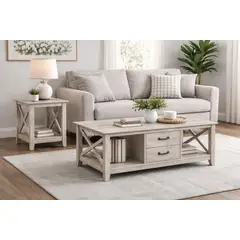 MSA MUEBLES SANTA ANA - Mesa Centro + Mesa Lateral Washed Gray