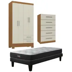 MOVELARIA - Combo Cama europea Prelude 1.5 plazas + Clóset 4 puertas + Cómoda 5 Cajones Off White CEP15R4205