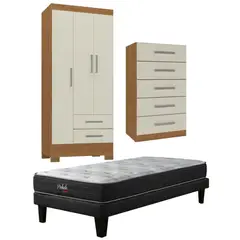 MOVELARIA - Combo Cama europea prelude 1.5 plazas + Clóset 3 puertas + Cómoda 5 Cajones