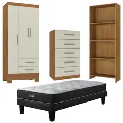 MOVELARIA - Combo Cama europea prelude 1.5 plazas + Clóset 3 puertas + Cómoda 5 Cajones + librero Off White CEP1