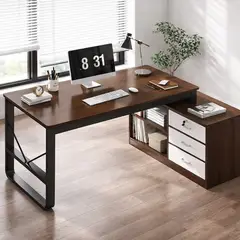 SPACE HOME - Escritorio Esquinero Dark Wood Con Cajones Y Repisas
