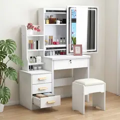 ROHE - Tocador con Luz Espejo 4 Cajones y Taburete Blanco 80x36x125cm