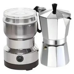 GENERICO - Moledor Eléctrico De Café + Cafetera Italiana Greca 3 Tazas Color Gris