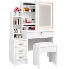 ACTUAL - Tocador Infantil con Espejo LED y Banqueta Blanco 130x80x36 cm, Mesa de Maquillaje con Cajones y Almacenamiento