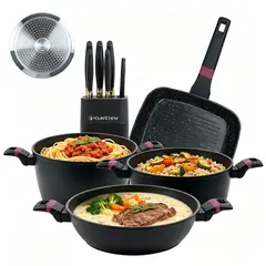 YOLIKITCHEN - Juego de Ollas Antiadherente Mármol 14 Pzs Batería de Cocina con Cuchillos Negro Rojo