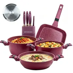 YOLIKITCHEN - Juego de Ollas Antiadherente Mármol 14 Pzs Batería de Cocina con Cuchillos Negro Rojo