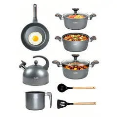 GENERICO - YUMI Batería Cocina Antiadherente 11 Piezas Aluminio con Hervidor - Negro/Gris