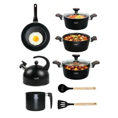 GENERICO - YUMI Batería Cocina Antiadherente 11 Piezas Aluminio con Hervidor - Negro/Gris