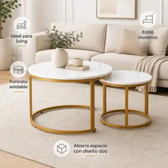 SPACE HOME - Set De 2 Mesas De Centro Blancas Y Doradas Diseño Anidable