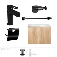 STRETTO - Pack Baño Art Deco Nogal - Mueble + Giferías + Accesorios