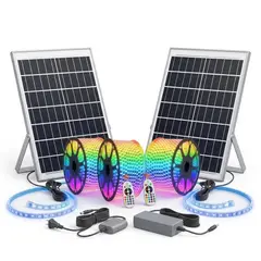 IRM - Kit Triple Led Solar Exterior 10m Rgb Ip67 Profesional Doble Panel Fotovoltaico Control FIGOIMPORT