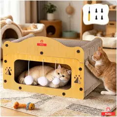KOBA - Rascador Casa De Cartón Gatos Michis Tipo Cueva Con Pompones