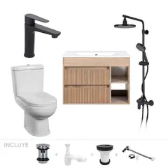 STRETTO - Pack Baño Pontevedra - Mueble Vanitorio Lenga + Sanitario + Grifería + Columna Ducha