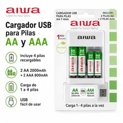 AIWA - Cargador Pilas Recargables AA AAA Usb + 4 Pilas