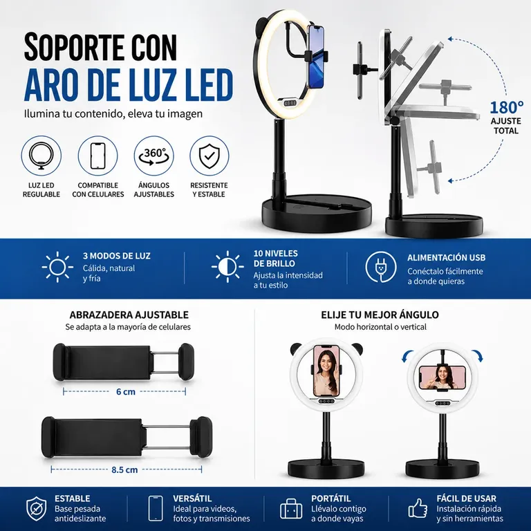 Aro de Luz Portátil G2 con base redonda perfecto para creadores de contenido