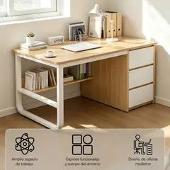 GENERAL - Escritorio Xinest 100cm Roble Claro con Blanco, 3 Cajones + Estante, para Hogar y Oficina
