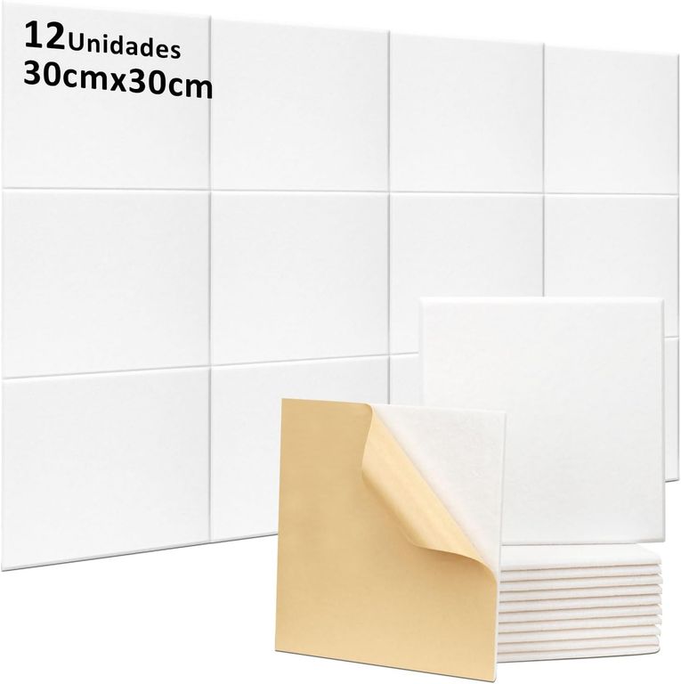 12 Paneles Absorción Acústica,Alta Densidad,para Paredes, Puertas,Techo,Estudio,30x30x0,9cm,Blanco