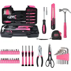 KUANGYE - Kit De Herramientas Hogar Rosa 39 Piezas Casa Bricolage Caja